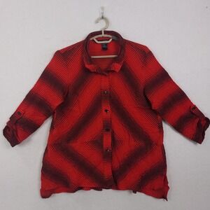 Ali Miles Top Tunic Large Chevron Stripe Crinkle Button Up Roll Tab Lagenlook